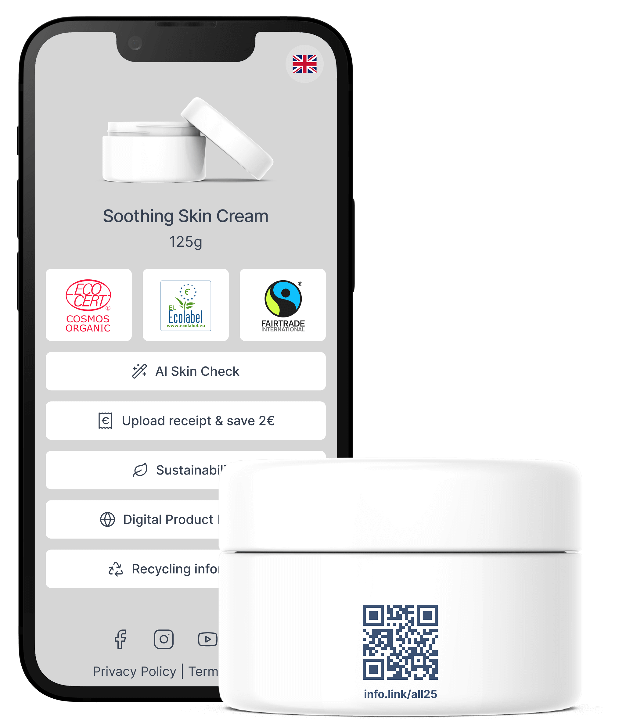 Mobile app interface showing product details and sustainability information